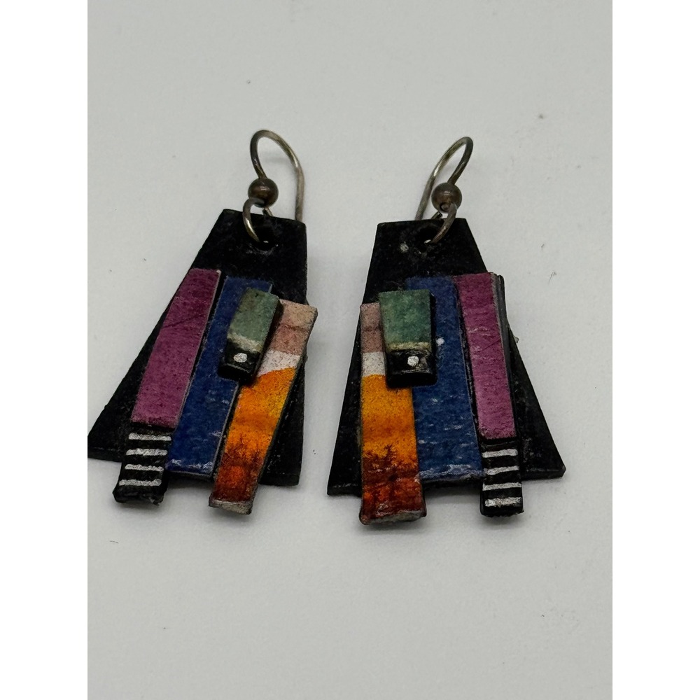 Vintage 80s Postmodern Lacquered Paper Mixed Media Dangle Earrings Hand Painted